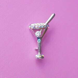 Y2K Dainty Martini Glass Brooch — Silver Tone with AB Crystals, 2” Tall